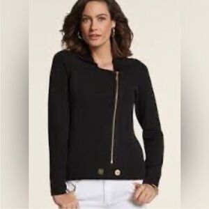 Chico’s Britt Black Moto Style Asymmetrical Knit Zip Front Cardigan, size 2 (L)